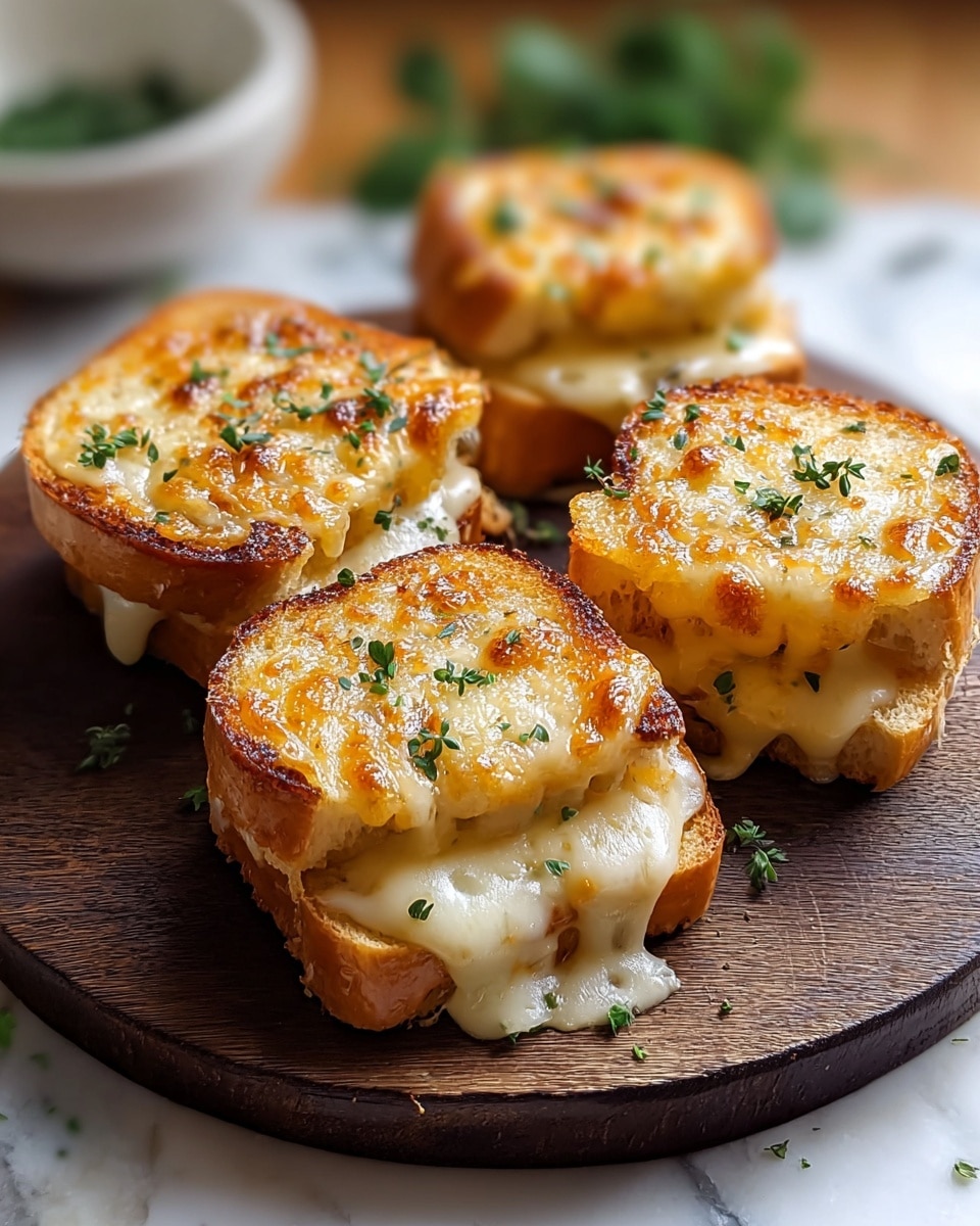 Four pieces of small grilled cheese sandwiches are placed on a round dark wooden board. Each sandwich has two layers: the bottom layer is a thick slice of light golden brown bread, and the top layer is melted cheese that is browned and crispy on top with a golden hue. The cheese is slightly dripping down the sides of the bread. Small pieces of green herbs are sprinkled on the melted cheese, adding a fresh touch. The background shows a blurred white bowl and some green herbs on a white marbled surface. photo taken with an iphone --ar 4:5 --v 7