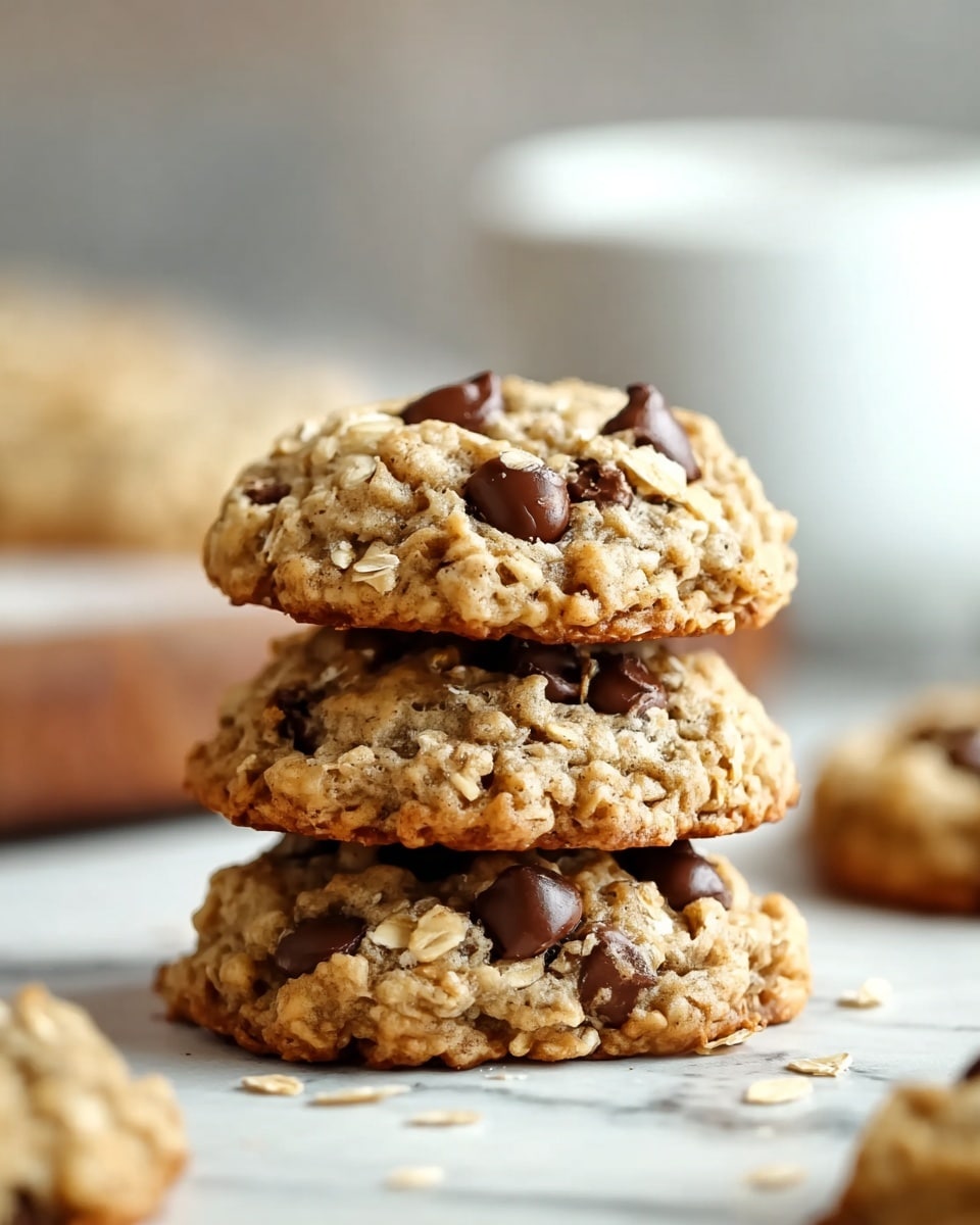 A close-up of three stacked oatmeal chocolate chip cookies with a rough texture showing rolled oats and large chocolate chips embedded within each cookie. The cookies have a golden-brown edge and a soft-looking center with visible oats scattered on top. A blurred white cup and a white marbled surface are in the background, with a couple of more cookies out of focus nearby. photo taken with an iphone --ar 4:5 --v 7