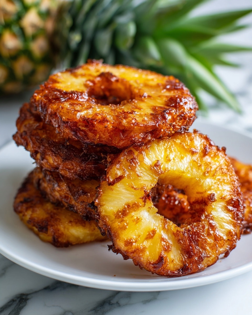A close-up image of several pieces of golden-brown fried pineapple rings stacked on a white plate. The rings have a crispy, textured outer layer with darker, crunchy edges and a moist, yellow interior showing the pineapple’s natural texture. In the background, part of a pineapple is visible, with green leaves and a rough yellow-green rind. The plate rests on a white marbled surface. photo taken with an iphone --ar 4:5 --v 7