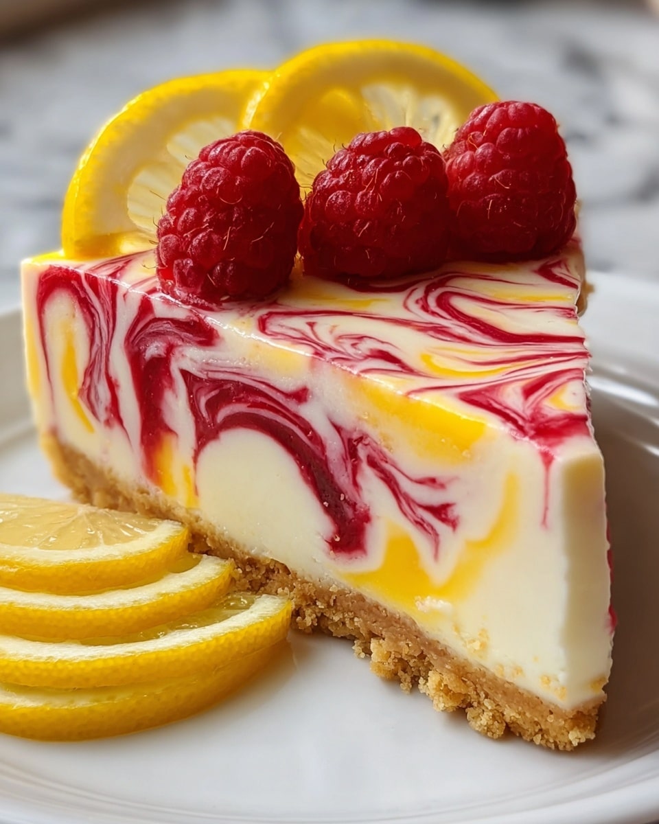 A close-up of a single slice of a smooth, creamy cheesecake with a light golden crumbly base. The cheesecake has a white top layer with vibrant swirls of red and yellow sauce spread all over in a marble pattern. On the top edge of the slice, there are two fresh red raspberries and three thin lemon slices arranged in a row. The dessert is served on a white plate, placed on a white marbled textured surface. photo taken with an iphone --ar 4:5 --v 7