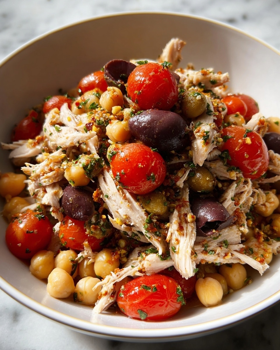 A white bowl filled with a mixed dish showing three main layers: at the base, round beige chickpeas spread evenly; above, shredded light beige chicken pieces scattered throughout; and on top, bright red cherry tomatoes and dark purple olives placed around and within the mixture. The dish is garnished with small bits of green herbs and spices, adding a speckled texture. The bowl sits on a white marbled surface. photo taken with an iphone --ar 4:5 --v 7