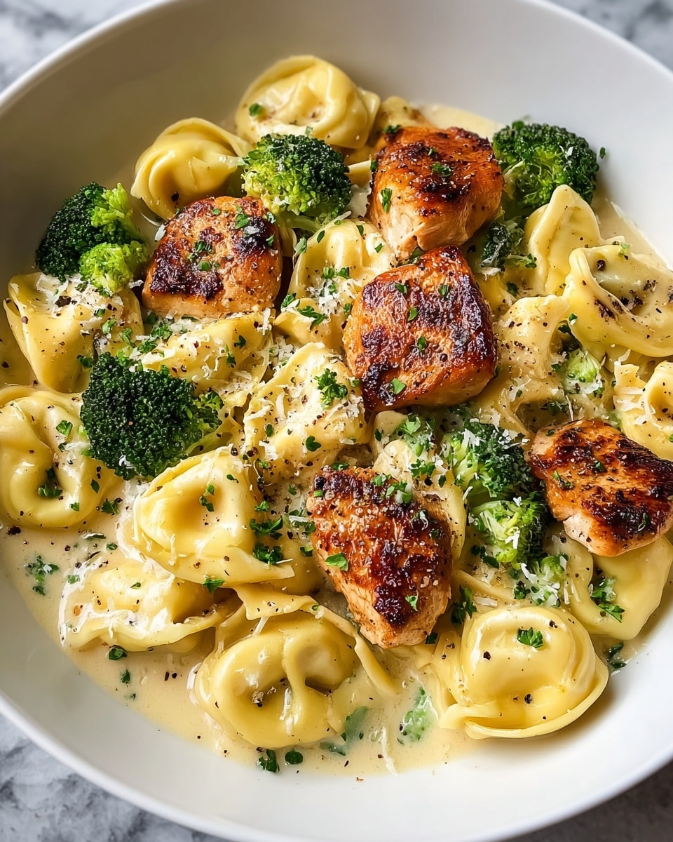 A white bowl filled with creamy yellow tortellini pasta, each piece plump and folded neatly, sitting in a smooth light cream sauce. On top, there are several golden-brown, seared chicken pieces that are crispy on the outside. Bright green broccoli florets are scattered evenly among the pasta and chicken. The dish is sprinkled with finely chopped parsley and grated white cheese, adding a fresh touch and texture, along with some black pepper flakes for seasoning. The bowl is placed on a white marbled surface. photo taken with an iphone --ar 4:5 --v 7