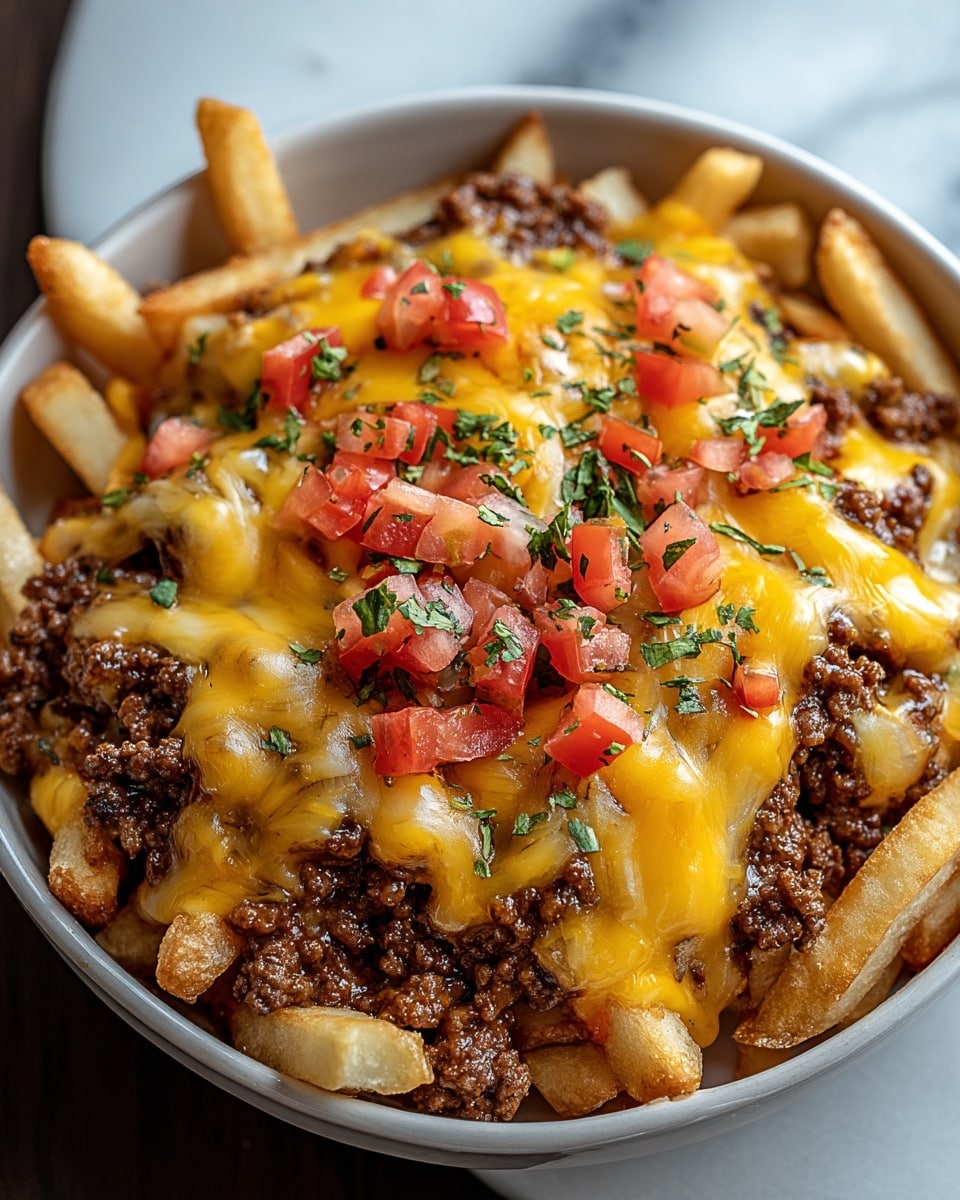 A white bowl filled with a base layer of golden, crispy French fries, topped with a thick layer of browned ground beef, then covered by a generous layer of melted yellow cheddar cheese that drapes over the edges. Small pieces of diced red tomatoes and finely chopped green herbs are sprinkled on top, adding a fresh contrast to the warm, rich toppings. The textures are a mix of crunchy fries, crumbly beef, and smooth melted cheese, all sitting against a white marbled surface. photo taken with an iphone --ar 4:5 --v 7