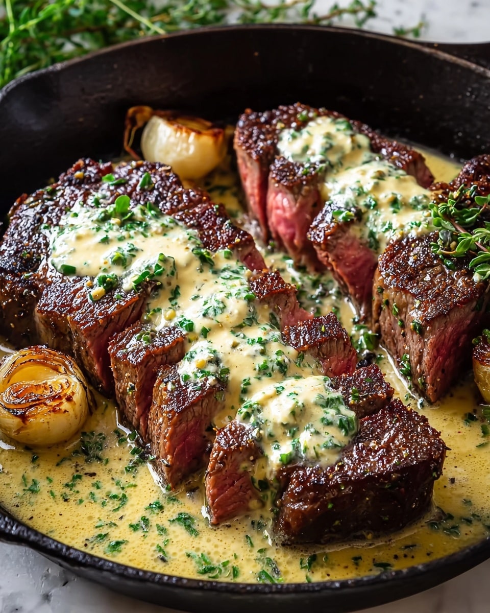 A cast iron pan holds four thick, juicy steak slices cooked medium-rare, showing a pink center and a dark brown, crispy crust on the outside. Each steak piece is topped with a creamy, pale yellow herb sauce speckled with finely chopped fresh green herbs. The sauce pools around the steak at the bottom of the pan, which also contains two small, golden-brown roasted garlic cloves on the side. The pan sits on a white marbled surface, with hints of green herbs in the background. Photo taken with an iphone --ar 4:5 --v 7