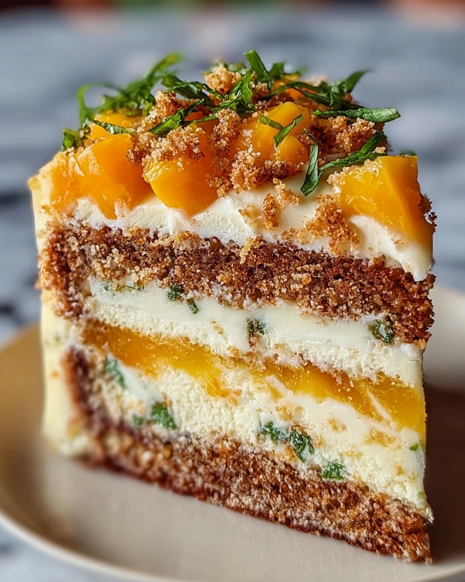 A slice of layered dessert with a crumbly brown crust at the bottom, followed by two thick layers of creamy white filling mixed with thin brown cake layers, topped by a bright orange layer. On top, there are small orange cubes and green herb leaves sprinkled around with some crumbly brown bits on one side. The dessert is on a white plate with some crumbs and creamy sauce around it, set on a white marbled surface. photo taken with an iphone --ar 4:5 --v 7