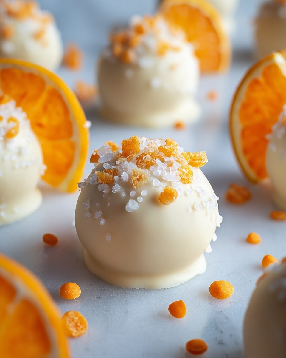 The image shows several round white chocolate truffles placed on a white marbled surface. Each truffle is smooth and creamy in texture with a slight shine and is topped with small white sugar crystals and tiny orange candy pieces. Around the truffles, there are bright orange fresh orange slices standing upright, adding a burst of color. Scattered orange candy pieces decorate the surface between the truffles, creating a festive look. The scene focuses closely on the front truffle, with others softly blurred in the background. photo taken with an iphone --ar 4:5 --v 7