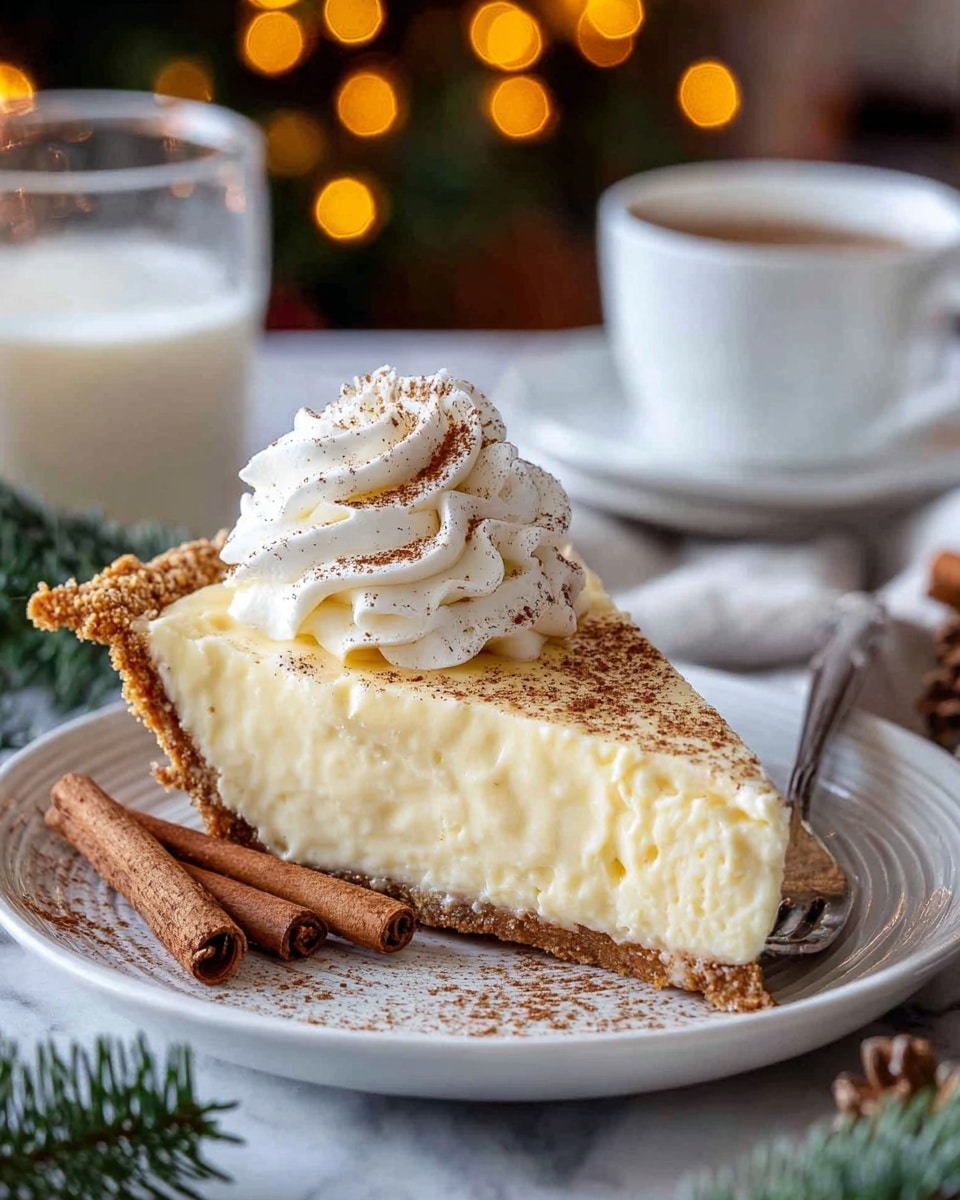 A slice of creamy, pale yellow pie with a thick, golden brown crust layer at the bottom and edges, sitting on a white plate with a subtle design. The pie has a large swirl of white whipped cream on top, sprinkled with fine brown cinnamon powder. A cinnamon stick lies beside the pie, and a silver fork is placed next to it on the plate. The plate rests on a white marbled surface. In the soft-focused background, there is a white cup on a saucer and a glass of milk, with warm orange lights and pine branches adding a cozy feel. Photo taken with an iphone --ar 4:5 --v 7