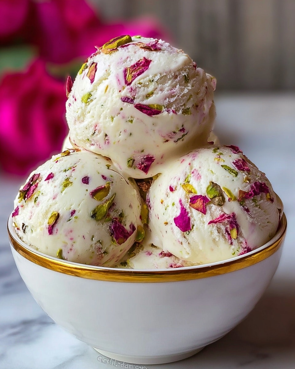 The image shows a white bowl with a gold rim filled with four round scoops of creamy white ice cream. Each scoop has visible small pieces of green pistachios and bright pink rose petal bits scattered throughout, adding color and texture contrast to the smooth cream base. The ice cream scoops are neatly stacked, with the top scoop sitting slightly higher than the others, giving a three-dimensional look. The background is softly blurred and the bowl is placed on a white marbled surface, highlighting the ice cream's vibrant colors. Photo taken with an iphone --ar 4:5 --v 7