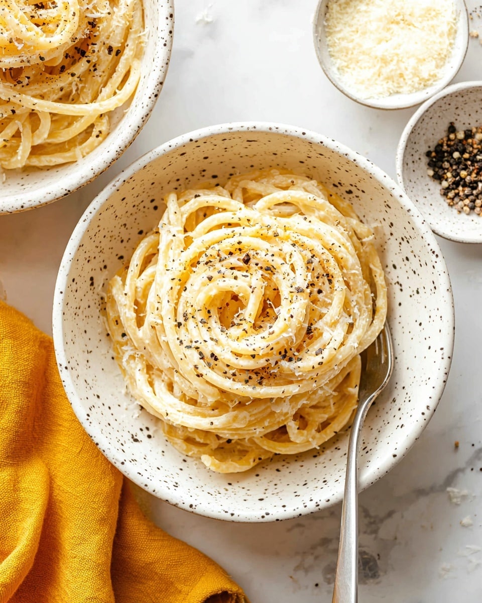The image shows a bowl of thick spaghetti noodles arranged in neat swirls, coated in a creamy white sauce. The top has a light sprinkle of black pepper and finely grated cheese, adding a speckled texture in black and white on the pale noodles. The bowl is white with small black spots and a silver fork rests inside it on the right side. Part of another similar bowl with the same pasta is visible in the top left corner. The bowls are placed on a white marbled surface, with a mustard yellow cloth nearby at the bottom left. Two small white bowls filled with grated cheese and coarse black pepper are seen at the top right corner. Photo taken with an iphone --ar 4:5 --v 7