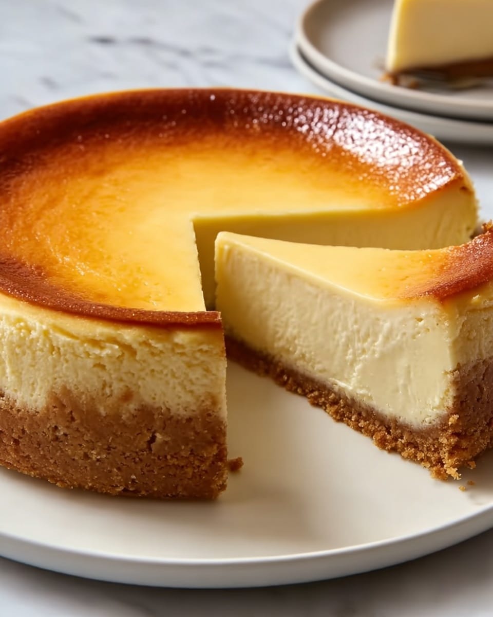 A cheesecake with three clear layers sits on a white plate against a white marbled surface. The bottom layer is a thick, crumbly brown crust that looks slightly crunchy. Above that is a thick, creamy pale yellow middle layer that is smooth and dense. The top layer is a thin, golden brown baked surface, slightly darker at the edges, with a soft, shiny texture. One wedge is cut out, showing the clean edges of each layer. Photo taken with an iphone --ar 4:5 --v 7