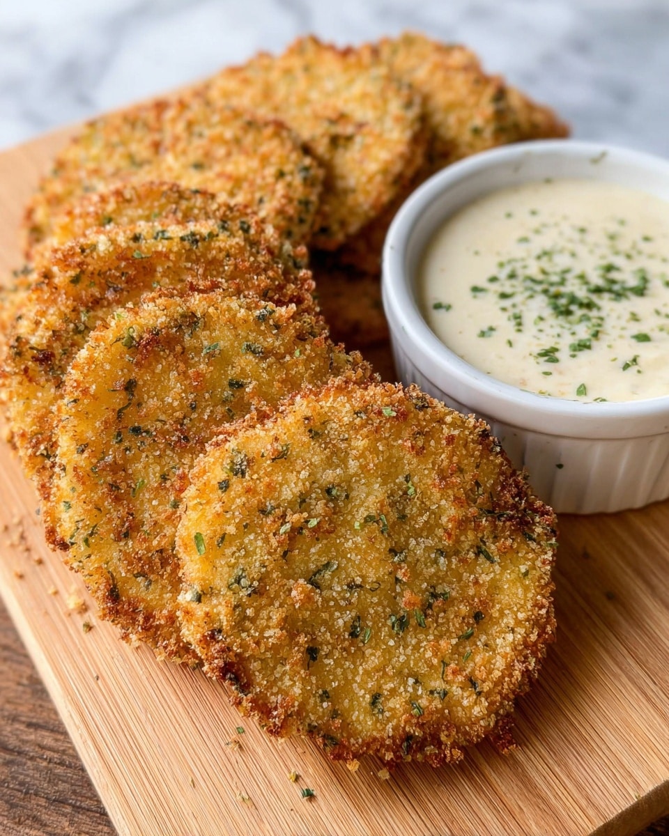 A close-up view of a stack of seven golden-brown, crispy, round slices with a rough, crumbly texture showing herb specks throughout the breaded coating, arranged on a light wooden cutting board with a smooth surface. Positioned at the top right corner of the cutting board is a white ramekin filled with a creamy, smooth dipping sauce sprinkled with finely chopped green herbs. The background is a white marbled texture. photo taken with an iphone --ar 4:5 --v 7