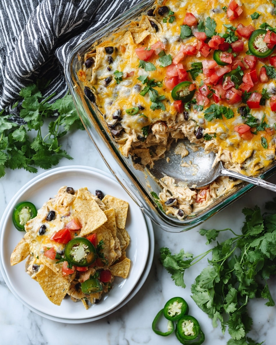 A glass baking dish filled with a layered casserole showing broken light yellow tortilla chips on top, melted yellow and white cheese, diced red tomatoes, and green cilantro leaves as garnish. Inside the dish, layers of black beans, creamy sauce, and shredded chicken are visible where a portion has been scooped out with a silver spoon. Next to the dish is a white plate with a serving of the casserole topped with tortilla chips and a slice of green jalapeño pepper. The background is a white marbled texture surface with green jalapeños and fresh cilantro scattered around, accompanied by a black and white striped cloth. Photo taken with an iphone --ar 4:5 --v 7