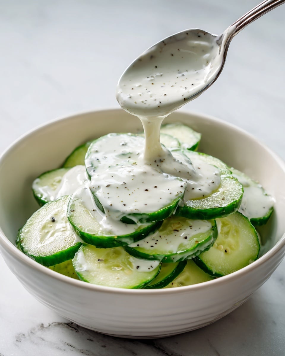 A white bowl filled with many thick, round slices of pale green cucumber, all coated in a creamy white sauce with small green dill flecks evenly spread throughout; the sauce looks smooth and slightly glossy, covering all cucumber pieces. A silver spoon is partly visible in the bowl's upper left side. The bowl sits on a white marbled surface. photo taken with an iphone --ar 4:5 --v 7