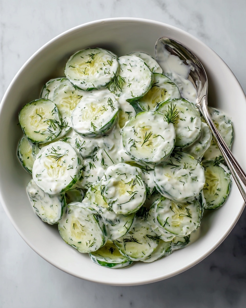 A white bowl filled with thick, creamy white sauce speckled with small black herbs being poured over several slices of light green cucumber. The cucumber slices are cut evenly and stacked loosely at the bottom of the bowl, showing a soft texture and pale seeds in the center. A silver spoon rests inside the bowl on the right side, partially covered by the sauce. The background features a white marbled texture. Photo taken with an iphone --ar 4:5 --v 7