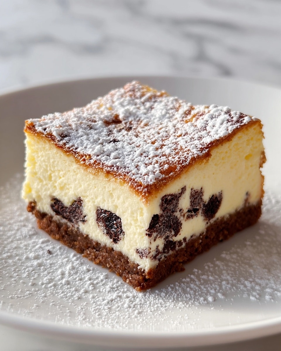 A square piece of cheesecake with three visible layers sits on a white plate on a white marbled surface. The bottom layer is a dense, crumbly brown crust. The middle layer is a thick, creamy yellowish-white cheesecake with scattered dark chocolate chunks inside. The top layer is a light golden brown with a dusting of white powdered sugar covering it evenly and spilling slightly onto the plate. The texture of the cheesecake looks smooth and soft, while the crust appears slightly rough and crunchy. Photo taken with an iphone --ar 4:5 --v 7