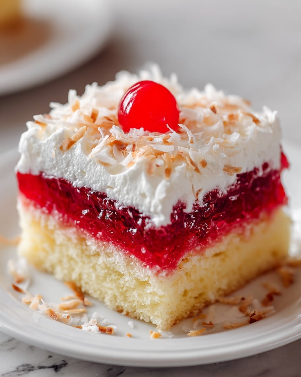 A single square piece of cake sits on a white plate, placed on a white marbled surface. The cake has three visible layers: the bottom layer is a light, fluffy yellow sponge cake, the middle layer is a thick, glossy red jelly or fruit gel with a slightly bumpy texture, and the top layer is a thick, creamy white whipped topping sprinkled with shredded toasted coconut flakes. On top of this whipped layer, there is a bright red glazed cherry placed in the center. Some toasted coconut flakes are scattered around the cake on the plate. Photo taken with an iphone --ar 4:5 --v 7