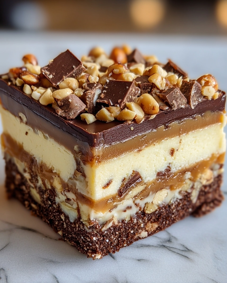 A close-up of a square dessert with multiple layers, starting with a dark brown crumbly base at the bottom, followed by a creamy light yellow layer mixed with bits of chocolate and nuts. Above this is a thin, rich caramel layer with nut pieces, then another thick creamy pale yellow layer with chocolate chunks. The top is a smooth, glossy dark chocolate layer covered with a generous sprinkling of chopped nuts and chocolate pieces. The dessert sits on a white marbled surface. photo taken with an iphone --ar 4:5 --v 7