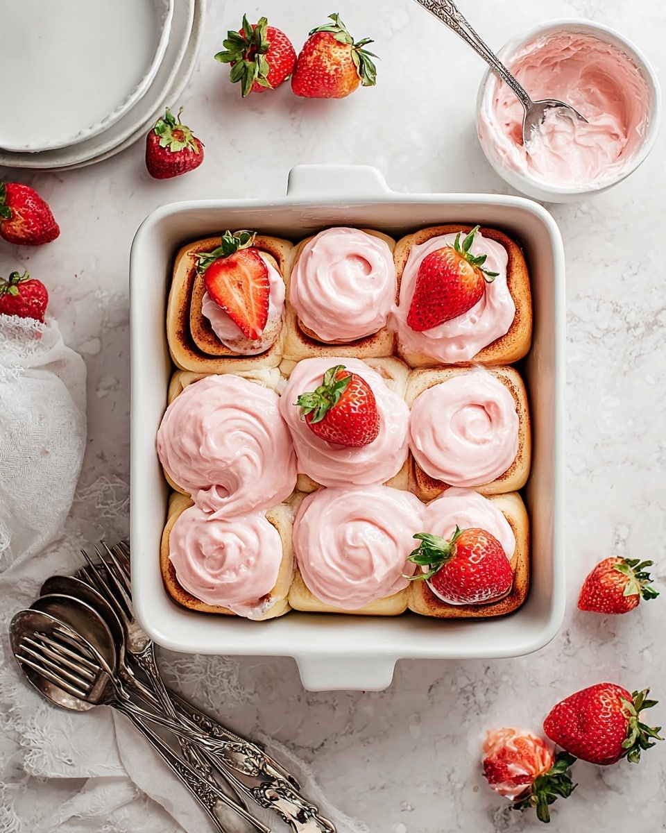 A white rectangular baking dish holds six fresh cinnamon rolls, each generously topped with swirled light pink frosting that has a creamy texture. The cinnamon rolls show a golden brown outer layer with a visible spiral of dough, and pieces of whole and halved vibrant red strawberries with green leaves are placed on top and between the rolls as decoration. The dish sits on a white marbled surface alongside a small white bowl filled with sliced strawberries, a white plate with a powdered pastry, a jar of red jam with visible fruit chunks, and a set of silver forks and a knife on a white tray. photo taken with an iphone --ar 4:5 --v 7