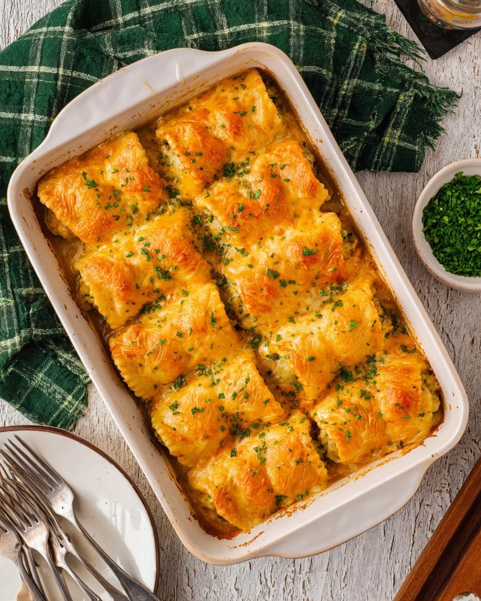 The image shows a white baking dish filled with neatly arranged cooked stuffed pasta rolls, each covered in a golden, melted cheese layer that appears slightly crispy on the edges. There are around fifteen rolls packed closely together in three rows. The top cheese layer is sprinkled with finely chopped green herbs, adding a touch of color contrast to the warm orange-yellow cheese and light sauce underneath. The baking dish sits on a wood-textured table with a green checkered cloth and a green oven mitt nearby, along with a small white bowl of green herbs and a white plate with silver forks. The background has a white marbled texture. Photo taken with an iphone --ar 4:5 --v 7
