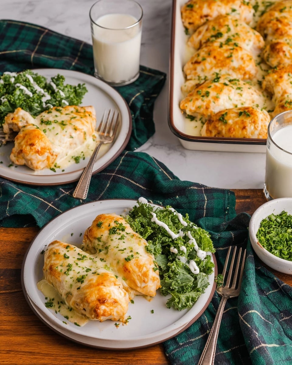 The image shows two white plates each holding two golden-brown baked chicken breasts topped with creamy melted cheese and green herb sprinkles. Each plate also has a small side of fresh green kale salad drizzled with white dressing. The chicken pieces look tender and have a slightly crispy texture on top. Behind the plates, a white baking dish is filled with multiple similar chicken breasts baked with melted cheese and herbs on top. There are two clear glasses of milk placed near the plates. The scene is set on a wooden table with a dark green plaid cloth on one side and a small white bowl filled with chopped herbs. The background surface is white marble texture. photo taken with an iphone --ar 4:5 --v 7