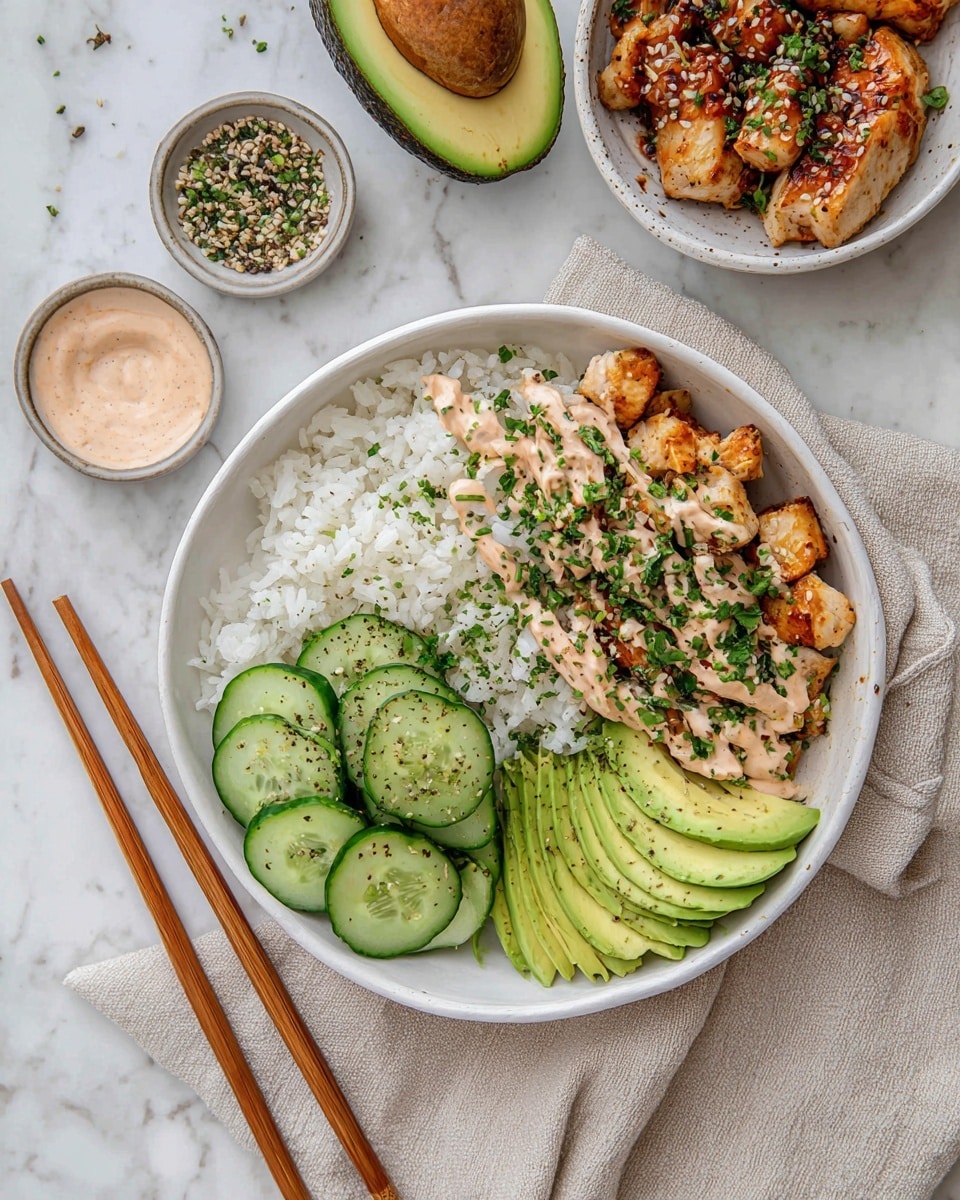 A white bowl holds four main layers arranged side by side: fluffy white rice on the left; bright green cucumber slices with a light sprinkle of seasoning next to the rice; golden-brown grilled chicken pieces topped with a creamy light pink sauce and small green herbs below the cucumber; and three fanned slices of fresh avocado with seasoning on the right. The bowl is placed on a soft beige cloth on a white marbled surface, with wooden chopsticks beside it. A smaller white bowl with more grilled chicken topped with sesame seeds sits in the top right, and a half avocado and a small bowl of mixed seeds and spices appear in the top left corner. Photo taken with an iphone --ar 4:5 --v 7