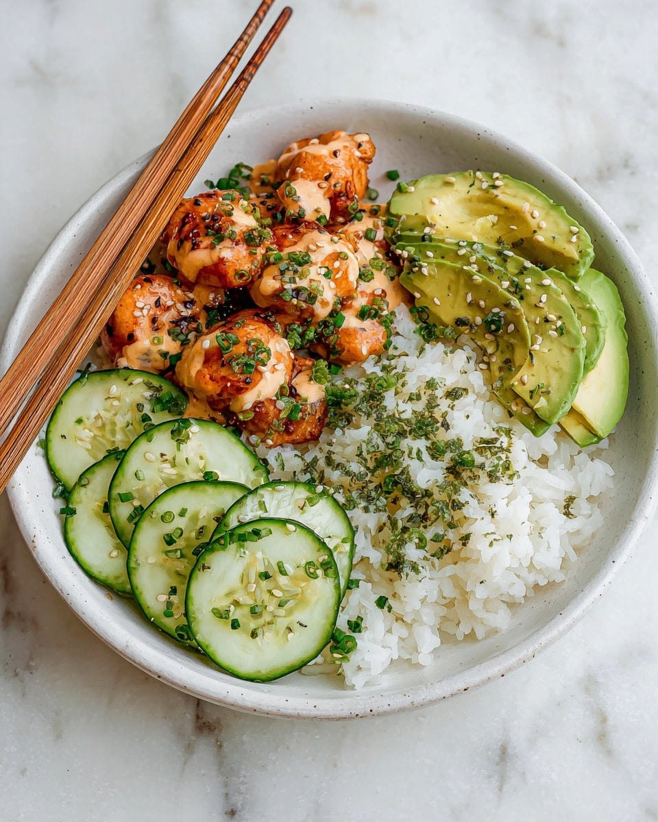 A white bowl with three main layers: a bottom layer of fluffy white rice covering about half the bowl, topped on one side with round cucumber slices that are bright green and sprinkled with small herbs and seeds, and on the other side with slices of ripe avocado showing a smooth, light green color. Next to the avocado and cucumber, there are pieces of grilled salmon covered in a creamy orange sauce, also sprinkled with chopped green herbs and sesame seeds. A pair of wooden chopsticks rest on the rice near the edge of the bowl, all sitting on a white marbled surface. photo taken with an iphone --ar 4:5 --v 7