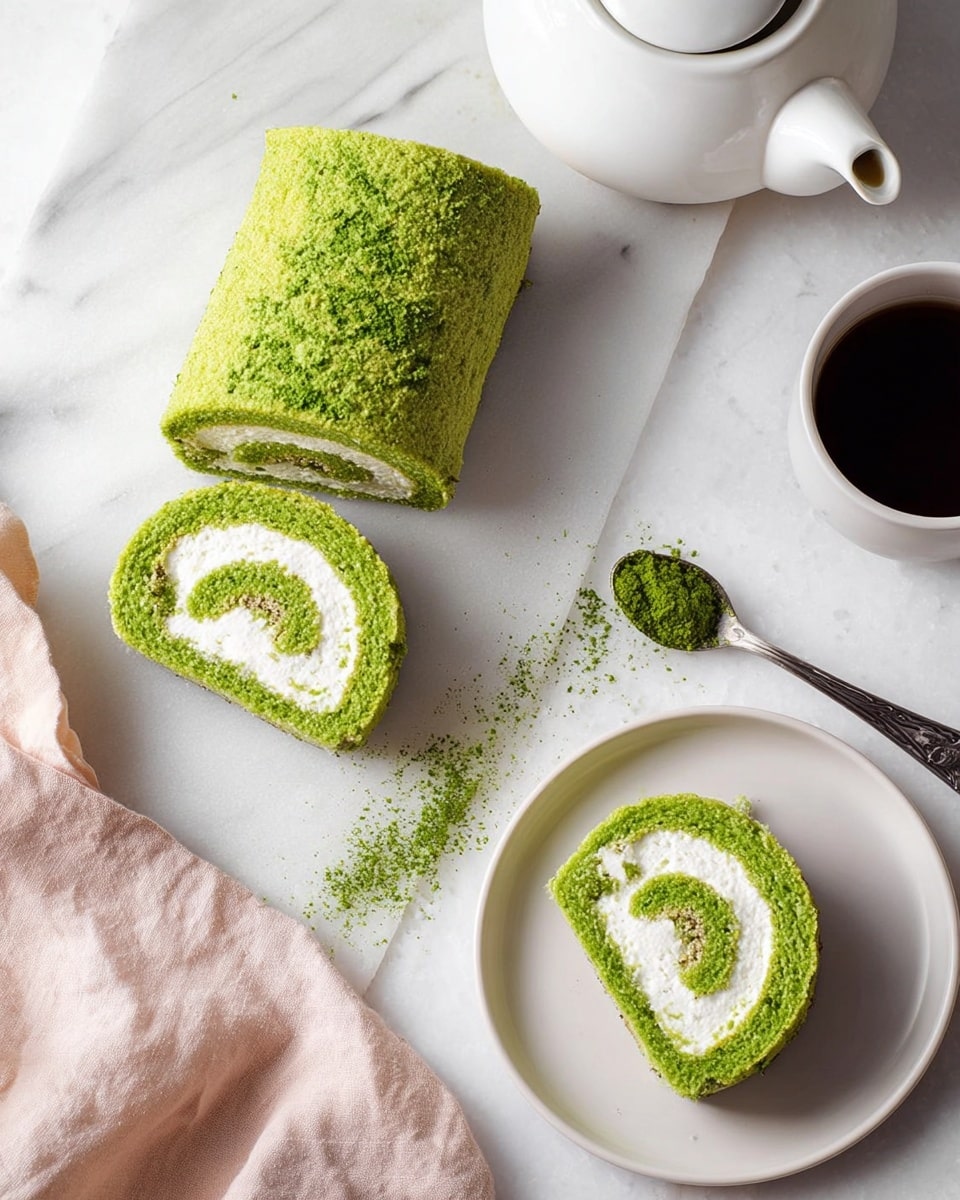 The image shows a green rolled cake cut into four pieces laid on a white marbled surface. The cake has two visible layers: a soft, bright green outer sponge layer with a slightly textured surface and a thick, smooth white cream filling spiraled inside. Three slices are placed flat on the surface, spaced apart, and one larger uncut roll sits on a white plate with a matte finish to the right. A silver spoon with green powder, likely matcha, rests near the slices. In the upper part of the image is a white teapot and a white cup filled with a dark liquid, while a soft, light pink cloth is draped loosely at the bottom left corner. The overall look is clean and crisp with the green and white colors contrasting well with the white marbled surface. photo taken with an iphone --ar 4:5 --v 7