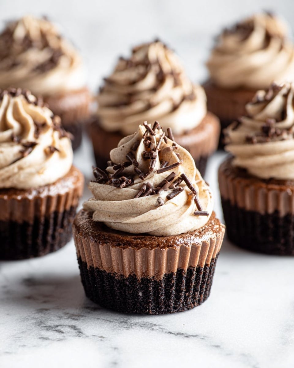 The image shows several small cupcakes with three clear layers: a bottom dark, crumbly layer, a middle thick and smooth medium brown layer, and a top swirl of light creamy brown frosting sprinkled with small thin chocolate shreds. Each cupcake is wrapped in a ridged liner and arranged on a surface with a white marbled texture. The focus is on the cupcake in the middle, while others softly blur in the background. photo taken with an iphone --ar 4:5 --v 7