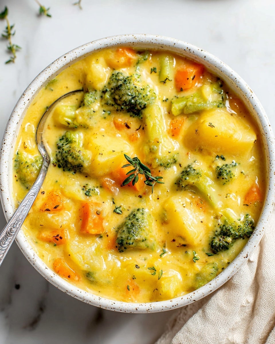 A close-up top view of a white speckled bowl filled with thick, chunky broccoli cheese soup, showing bright green broccoli florets, orange carrot pieces, and soft yellow potato chunks all mixed inside a creamy, yellow-orange broth. A small green thyme sprig sits on top for garnish. A silver spoon is partially dipped into the soup on the left side of the bowl. The bowl rests on a white marbled surface with a light beige fabric cloth partly visible on the right. photo taken with an iphone --ar 4:5 --v 7