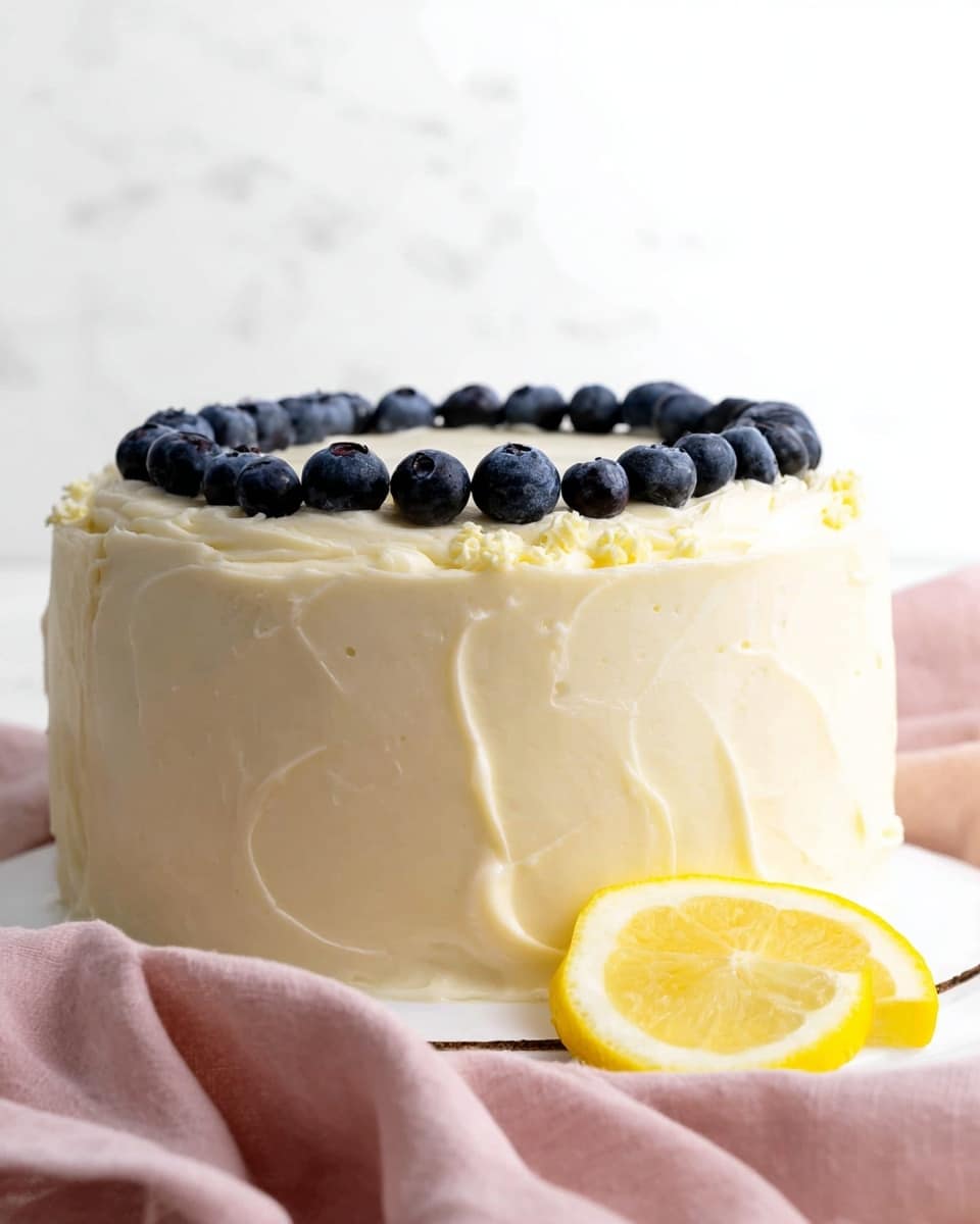 A three-layer slice of light yellow cake with visible purple blueberries baked inside each layer, separated by thin layers of smooth white frosting. The cake slice sits on a white plate decorated with small pink flowers and a gold trim around the edge. In the background, there is a halved lemon and a soft pink cloth on a white marbled surface. A silver fork is placed near the plate. photo taken with an iphone --ar 4:5 --v 7