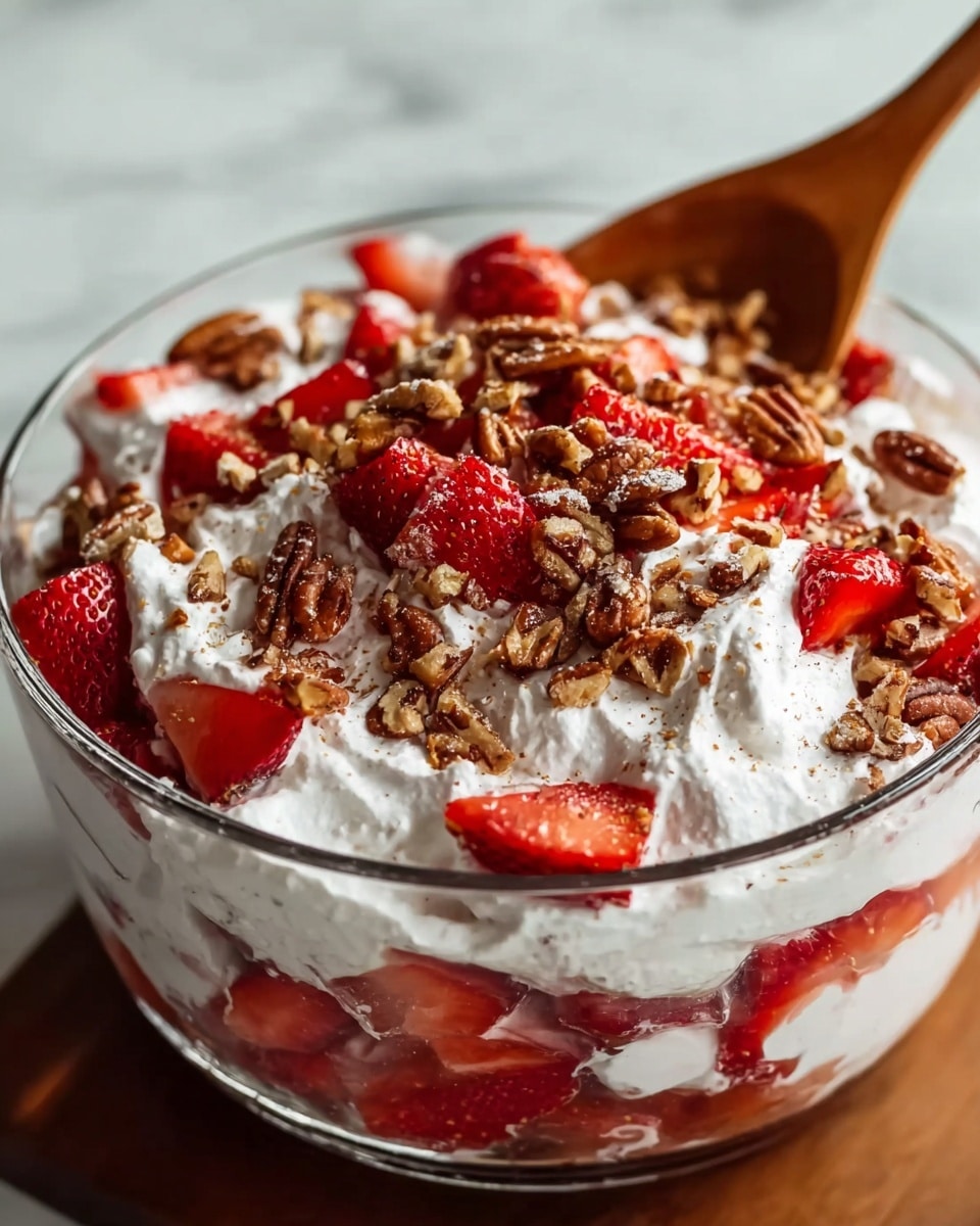 A clear glass bowl filled with a dessert showing three main layers: the bottom layer is whipped cream with a smooth white texture, the middle layer is fresh, bright red strawberry slices evenly spread, and the top layer is a generous amount of crunchy, brown pecans scattered over the strawberries and whipped cream, all creating a mix of creamy and textured elements. The bowl is placed on a white marbled surface. Photo taken with an iphone --ar 4:5 --v 7