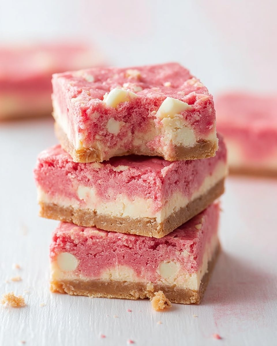 A stack of three square pink dessert bars with a crumbly texture are shown. Each bar has two visible layers: a bottom light brown layer that looks like a crust, and a thick top pink layer with chunks of white that seem to be white chocolate or cream mixed in. The top pink layer also has small caramel or golden gooey spots. The bars are placed on a white marbled surface, with some small crumbs scattered around. Two more bars are partially visible in the background, slightly out of focus. photo taken with an iphone --ar 4:5 --v 7