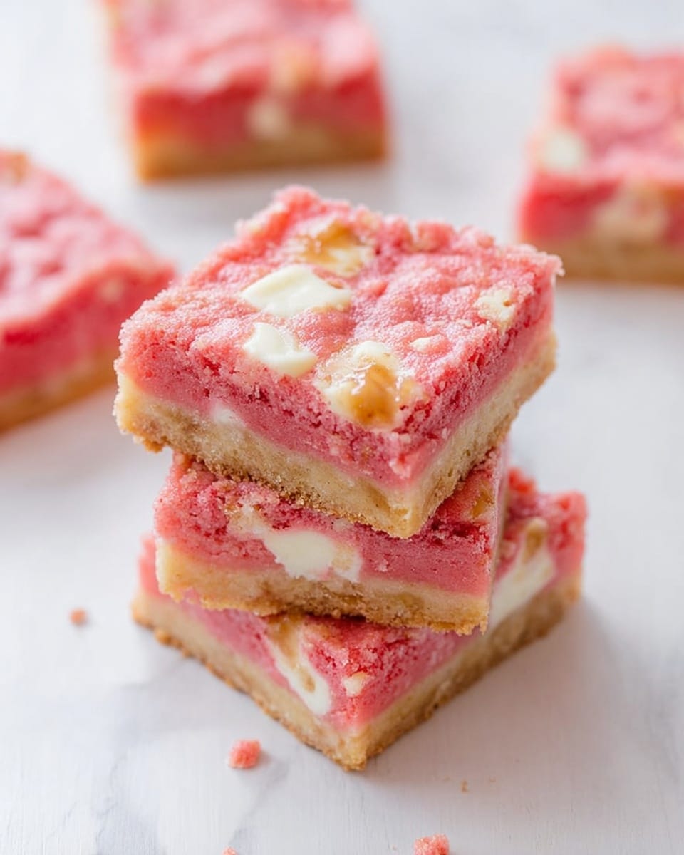 A close-up view of three square pink bars stacked on top of each other on a white marbled surface, each bar having two layers: a brownish bottom crust and a thick pink layer filled with small white chunks. The top bar has a bite taken out from one corner revealing the soft, crumbly texture inside. There are tiny crumbs scattered around the stack. photo taken with an iphone --ar 4:5 --v 7