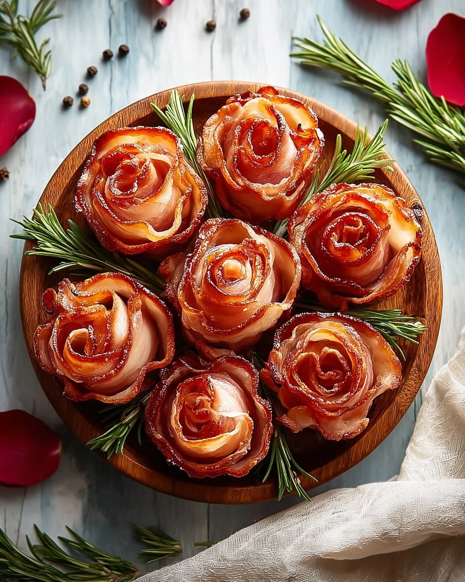 The image shows a round wooden plate filled with seven bacon roses, each shaped like a blooming flower with layers of curled reddish and light pink bacon strips forming the petals. The bacon roses are arranged neatly in a circle, with sprigs of green rosemary placed around them, adding a fresh contrast. The plate sits on a surface with a white marbled texture, scattered with a few rosemary leaves and small peppercorns, and a white cloth partially visible at the bottom. There are also some red rose petals spread around for a decorative touch. photo taken with an iphone --ar 4:5 --v 7