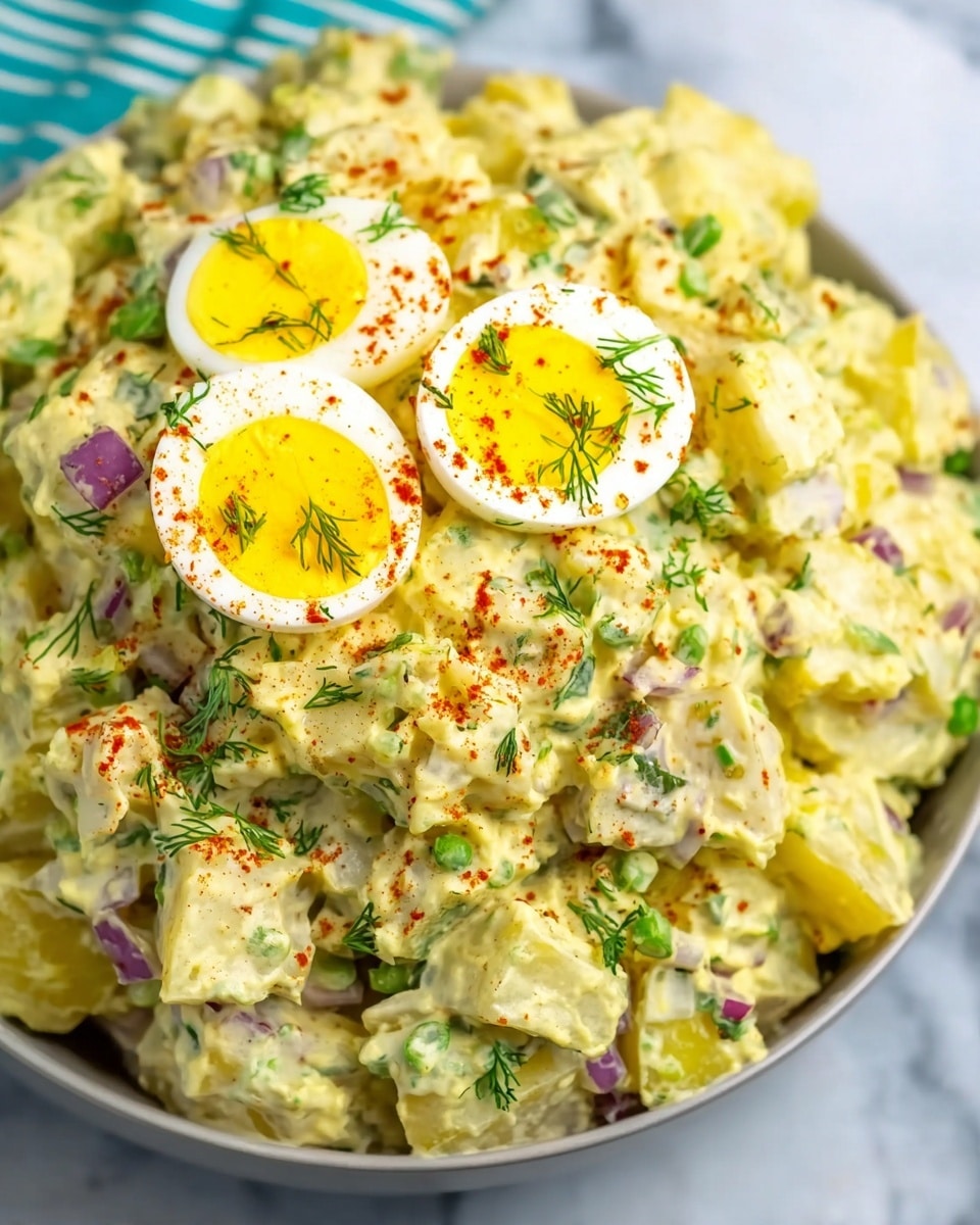 A close-up view of a large white bowl filled with creamy yellow potato salad made of chunky potato pieces mixed with finely chopped green herbs, red onions, and celery for texture. On top, there are three hard boiled egg halves with bright yellow yolks sprinkled with green dill and red paprika powder, adding color contrast. The bowl sits on a white marbled surface, with the potato salad piled high and looking rich and smooth. photo taken with an iphone --ar 4:5 --v 7
