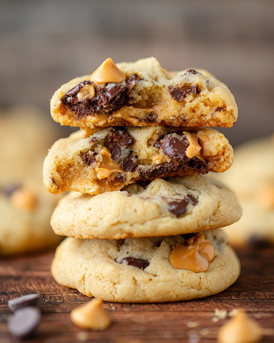 A stack of three soft cookies sits on a wooden table, with the top cookie broken in half showing inside layers filled with dark brown melted chocolate chips and light brown butterscotch chips. The cookies are thick and golden beige with a slightly crispy edge and a chewy middle, dotted with semi-melted chocolate and butterscotch pieces that contrast against the dough. The background is blurred out, putting full focus on the cookies' texture and layers. Photo taken with an iphone --ar 4:5 --v 7