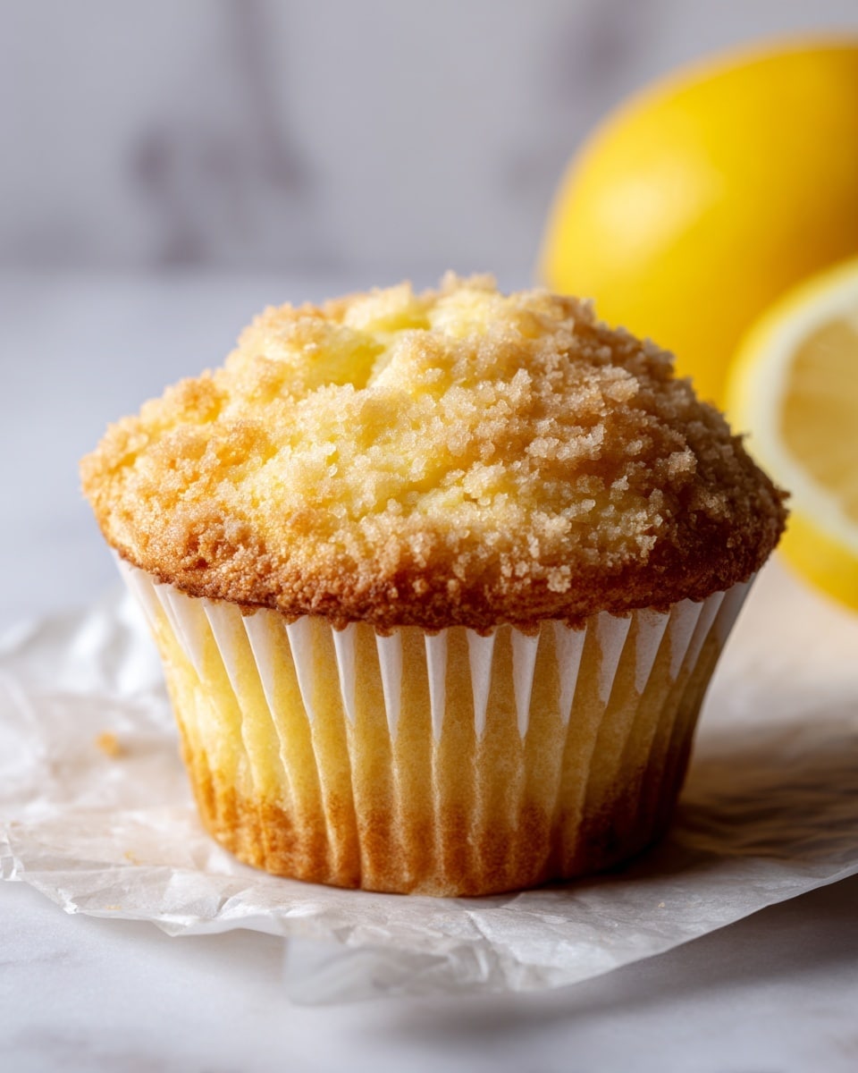 A close-up of a single muffin with a crumbly, light golden top layer sitting on slightly crumpled white paper. The muffin’s base is a soft yellow with a smooth texture and visible ridged white liner wrapping it. Behind the muffin, there is a half lemon with bright yellow skin and a juicy, lighter yellow inside. The scene is set on a white marbled textured surface with soft lighting highlighting the muffin’s crumbly top. photo taken with an iphone --ar 4:5 --v 7
