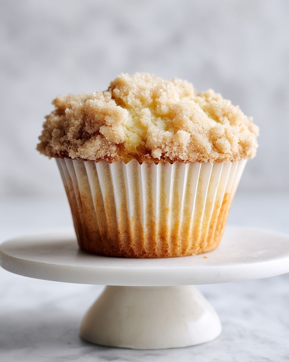 A close-up view of a single muffin with a crumb topping, showing two main layers: the bottom light golden-brown muffin base with a slightly rough texture, partly wrapped in a white ruffled paper liner that has some crumbs stuck to it, and the top crumb layer that is pale yellow with a crumbly, uneven texture and scattered sugar crystals. The muffin sits on a smooth white pedestal cake stand against a white marbled background. photo taken with an iphone --ar 4:5 --v 7