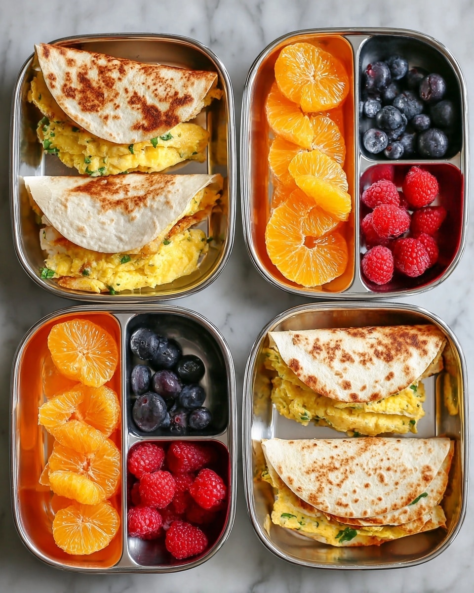 Four white divided metal lunch trays are shown, each containing a folded quesadilla on the left side filled with three visible layers: a golden-brown toasted flatbread on the outside, a yellow soft scrambled egg layer inside, and a thin green layer of chopped herbs or vegetables just under the egg. The right side of each tray is split vertically into two compartments with bright orange tangerine slices on the left and a mix of dark blue blueberries and red raspberries on the right, all placed on a white marbled surface. The quesadillas have a slightly crispy texture with darker spots from toasting, and the fruit looks fresh and juicy. photo taken with an iphone --ar 4:5 --v 7