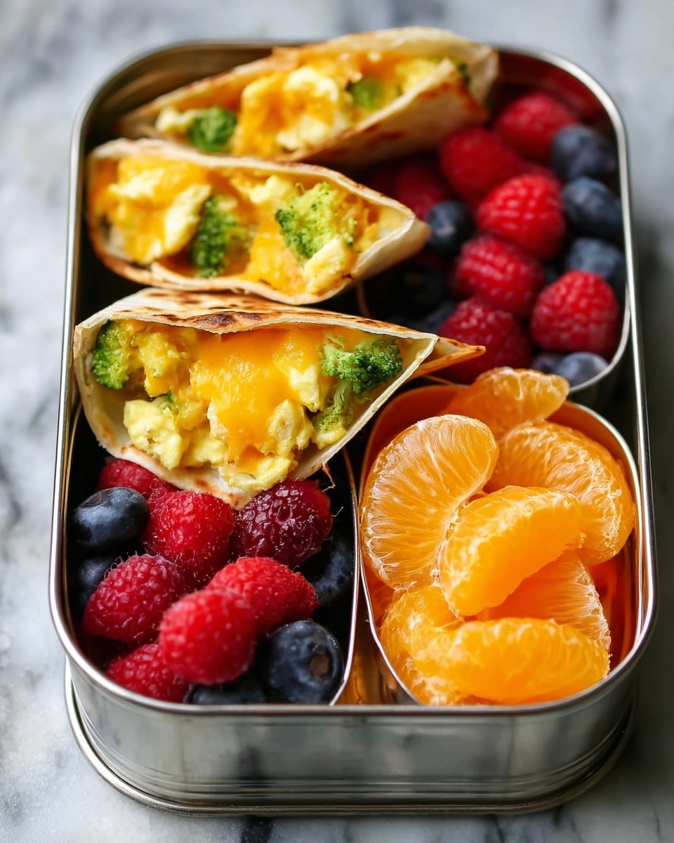 The image shows a divided metal lunchbox on a white marbled surface, filled with three main sections of food. The largest section contains a folded, golden-brown quesadilla stuffed with melted bright yellow cheddar cheese, scrambled eggs with soft yellow color, and small pieces of green broccoli, all showing a soft and slightly creamy texture. One smaller section holds several peeled bright orange tangerine slices stacked snugly. The final smaller section is filled with fresh red raspberries and dark blue blueberries, showing a mix of smooth and bumpy textures with a shiny surface. Photo taken with an iphone --ar 4:5 --v 7