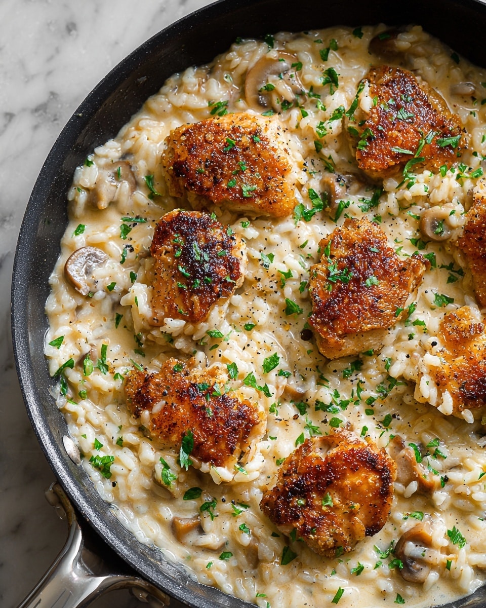 A close-up of a black frying pan filled with creamy risotto, showing visible grains of creamy white rice with small light brown mushroom chunks scattered throughout. On top, there are seven golden-brown chicken pieces cooked with a crispy texture, with specks of black pepper and green parsley leaves sprinkled over the dish. The creamy sauce pools around the rice and chicken, creating a rich, smooth base. The pan handle is visible at the bottom left corner, and the whole scene is set on a white marbled texture. photo taken with an iphone --ar 4:5 --v 7