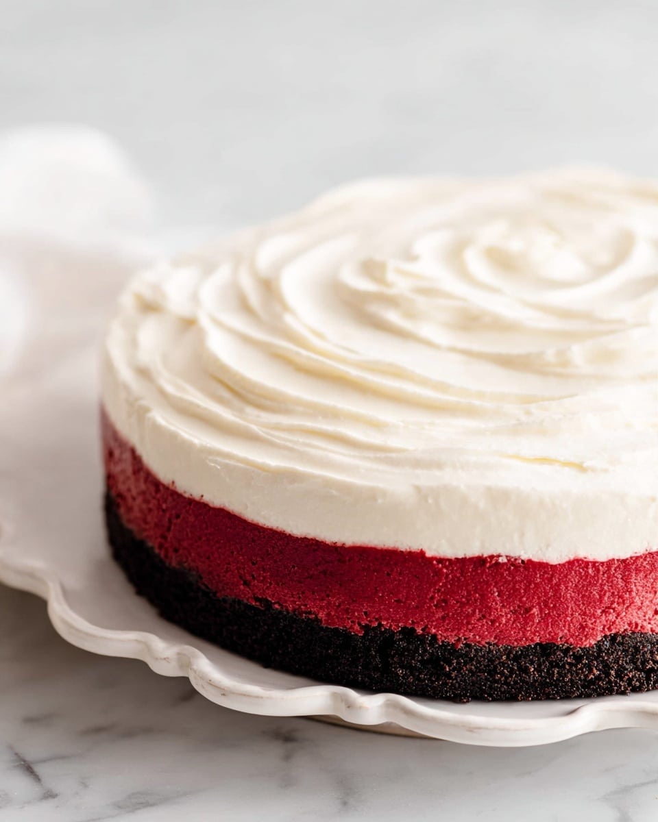 A three-layer round cake sits on a white plate with scalloped edges, placed on a white marbled textured surface. The bottom layer is dark and crumbly, resembling a chocolate crust, the middle layer is thick and bright red with a smooth, creamy texture, and the top layer is a thick spread of white, soft frosting with swirling patterns on its surface. The cake looks moist and rich, with clean edges and a slight shine on the top frosting. photo taken with an iphone --ar 4:5 --v 7