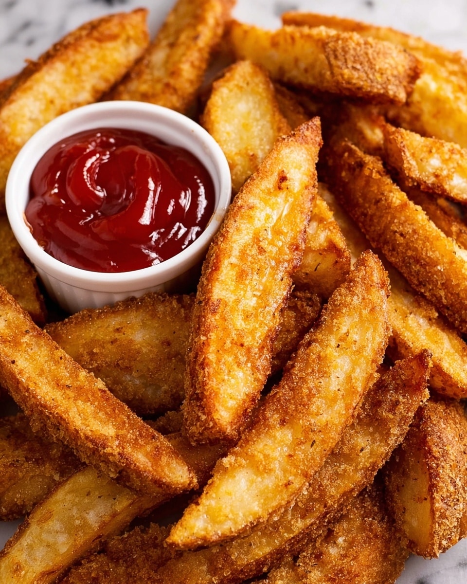 The image shows a pile of golden-brown fried potato wedges with a crispy, textured coating, arranged closely together on a white marbled surface. In the center, there is a small white ramekin filled with smooth, rich red ketchup which contrasts with the rough texture of the potato wedges. The wedges vary in size and show a crunchy outer layer with soft potato inside visible in some pieces. photo taken with an iphone --ar 4:5 --v 7