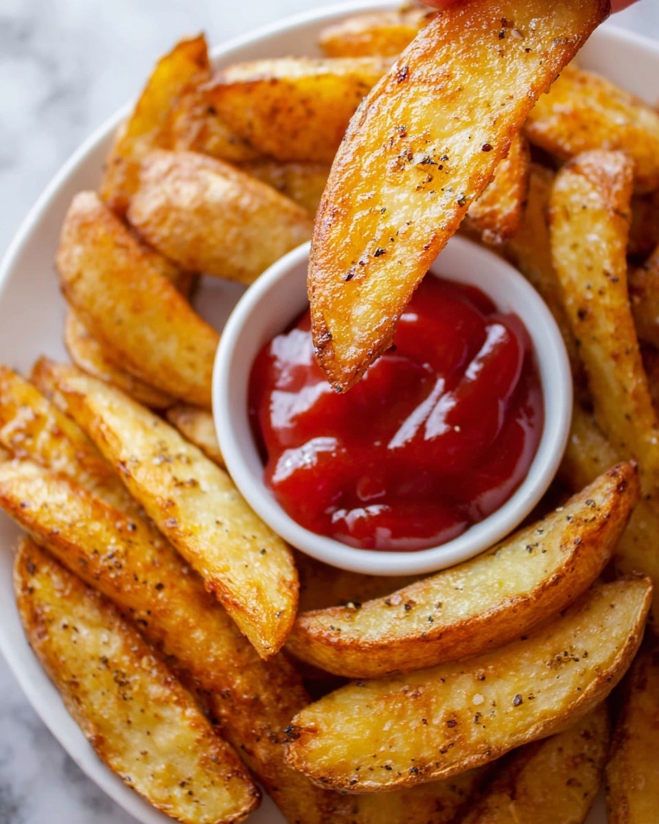 A white plate filled with many golden brown potato wedges that look crispy and slightly oily with black pepper sprinkled on them, placed around a small white bowl of thick, glossy red ketchup in the center; one wedge is held above the plate by a woman's hand, showing its rough texture and soft inside; all set on a white marbled surface. photo taken with an iphone --ar 4:5 --v 7