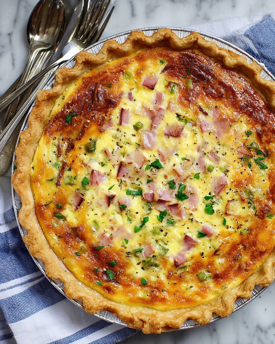 A slice of quiche is placed on a white square plate, showing three visible layers: a light golden-brown, slightly crispy crust on the bottom; a thick, fluffy, pale yellow egg and cheese filling in the middle, mixed with pink pieces of ham; and a bubbly, browned cheese topping sprinkled with small pieces of chopped green herbs. The edges of the quiche slice have a crimped crust, and the top is slightly browned in spots. Small green herb pieces are scattered on and around the quiche on the plate. A fork rests on the right side of the plate. The plate is on a white marbled surface. photo taken with an iphone --ar 4:5 --v 7