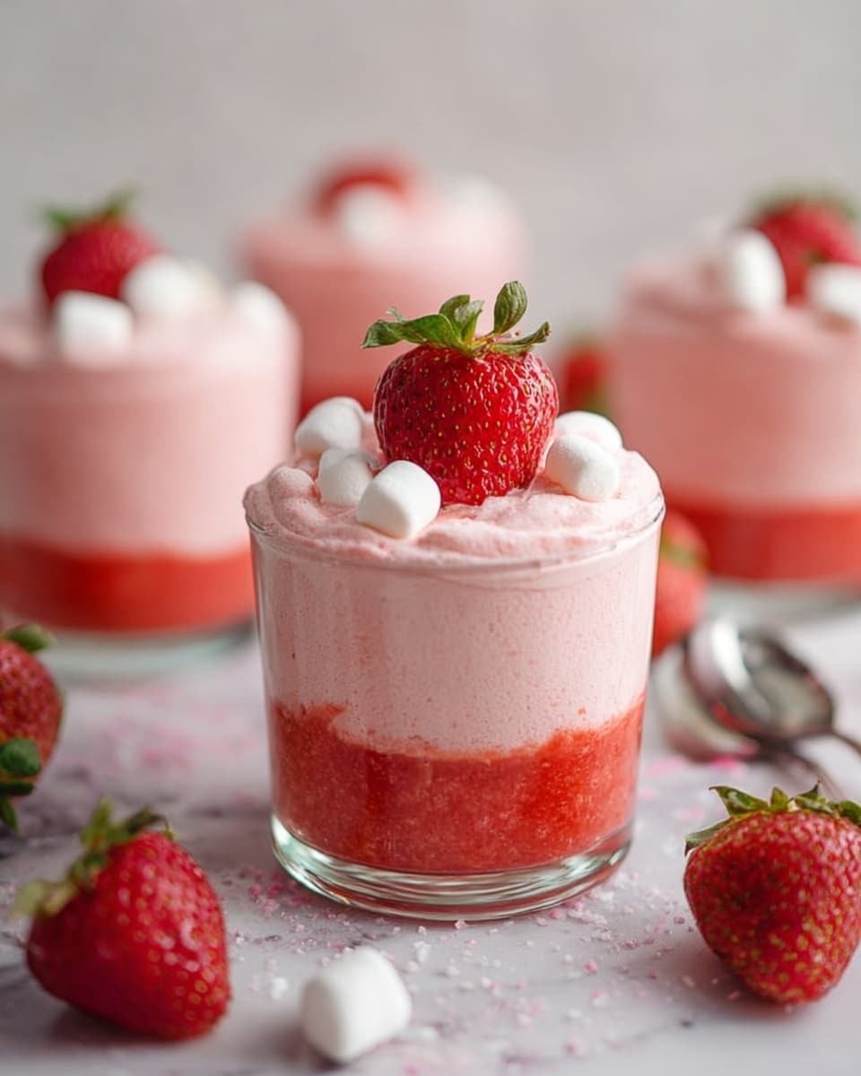 The image shows a clear glass filled with two layers: the bottom layer is a bright red chunky strawberry puree, and the top layer is a light pink fluffy strawberry mousse that rises above the rim. On top, a fresh whole strawberry with its green leaves is placed in the center, surrounded by small white round meringue pieces. The glass sits on a white marbled surface, scattered with fresh strawberries, meringue pieces, and a silver spoon nearby. In the blurred background, there are three more glasses with the same dessert. photo taken with an iphone --ar 4:5 --v 7