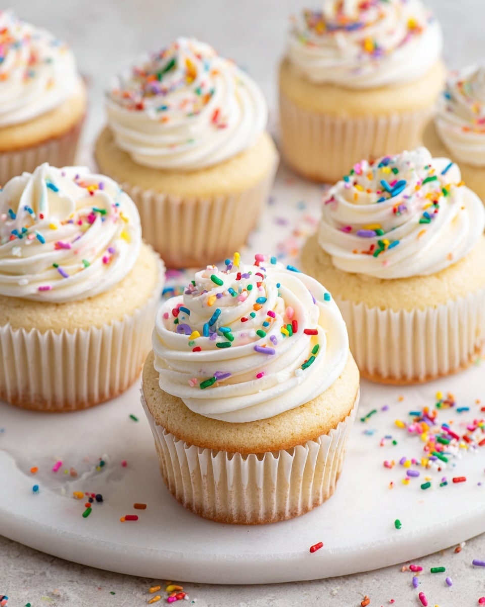 The image shows several vanilla cupcakes on a white marbled surface, each topped with one thick swirl of white buttercream frosting sprinkled with colorful, small rod-shaped sprinkles in red, blue, green, yellow, purple, and pink. The cupcakes are wrapped in white paper liners with a light golden cake base visible beneath the frosting, arranged closely on a round white marble platter with some sprinkles scattered around it on the surface photo taken with an iphone --ar 4:5 --v 7