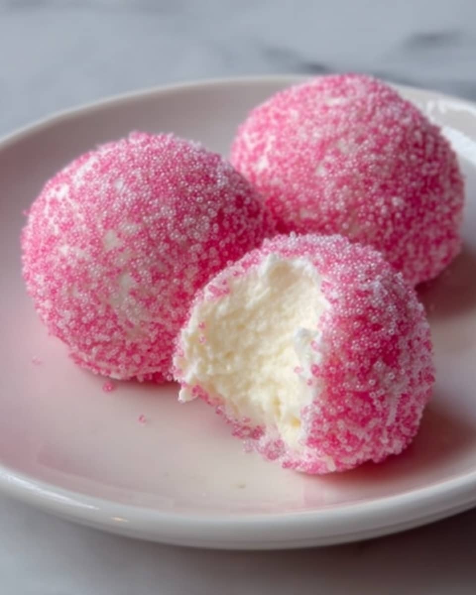 Three round dessert balls sit on a plain white plate with a white marbled surface underneath. Each ball is coated in small, bright pink sugar crystals, giving a grainy texture. One ball is bitten into, showing a soft, creamy white filling inside that is smooth and dense. The round shapes are evenly sized, with the pink coating covering all sides. The lighting highlights the contrast between the shiny sugar outside and the soft inside. photo taken with an iphone --ar 4:5 --v 7