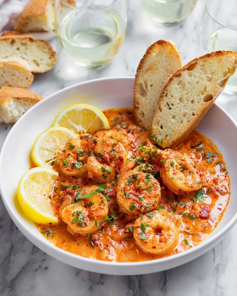 A white bowl filled with a rich shrimp dish with about two layers of shrimps covered in a thick, orange-red tomato sauce with visible herbs and chili flakes, garnished with small green parsley pieces scattered on top. Around the shrimp, there are four light yellow lemon wedges placed evenly along the bowl’s edge. Three slices of toasted baguette with a golden crust are positioned upright at the back, leaning against the bowl’s rim. The bowl sits on a white marbled surface, with two glasses of clear liquid and two pieces of crusty baguette in the background. Photo taken with an iphone --ar 4:5 --v 7