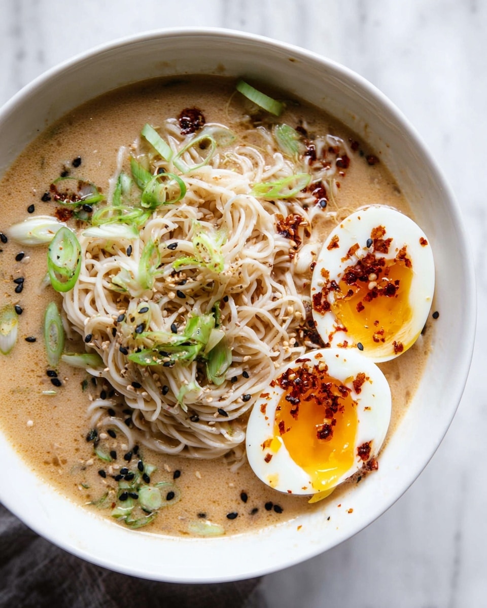 A white bowl filled with creamy light brown broth, topped with a nest of pale beige noodles in the center. Two halves of a soft boiled egg with bright orange runny yolks sit on the right side of the bowl, sprinkled with red chili flakes and black sesame seeds. Thinly sliced green onions scattered over the noodles and eggs add fresh green color. The bowl is placed on a white marbled surface. photo taken with an iphone --ar 4:5 --v 7